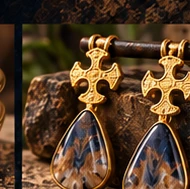 Pair of symbolic gold earrings with blue and cream natural stones