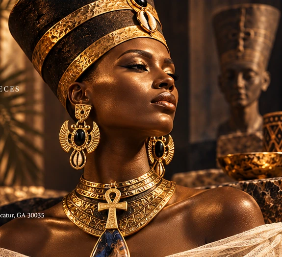 Regal Nefertiti-inspired portrait with winged scarab earrings and an ankh natural-stone necklace
