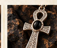Detailed sterling silver ankh pendant with a dark stone